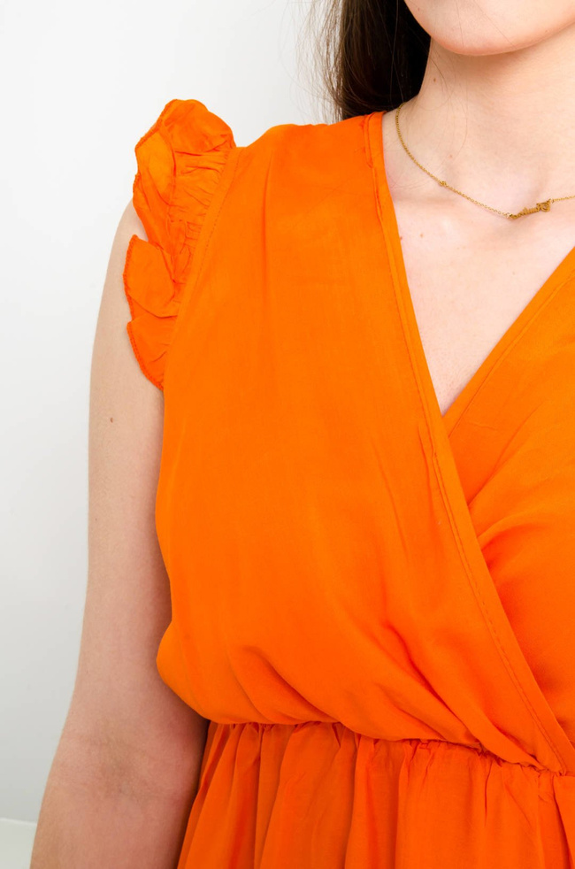 POMARAŃCZOWA KRÓTKA ZWIEWNA SUKIENKA Z KOPERTOWYM DEKOLTEM 