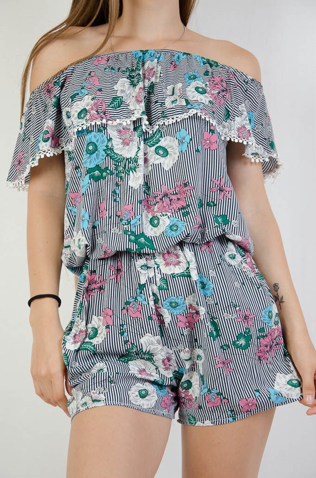 BIAŁY KOMBINEZON W CZARNE PASKI Z KWIATAMI