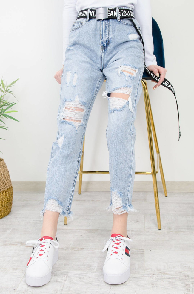 JASNE SPODNIE JEANSOWE BOYFRIEND Z PRZETARCIAMI- WYSOKI STAN