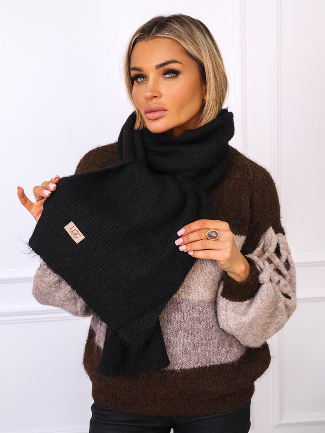 SZAL DZIANINOWY Z DOMIESZKĄ WEŁNY ORAZ LOGO- CZARNY