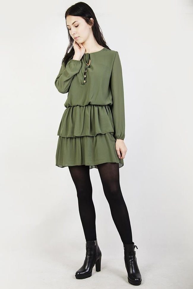 Zielona szyfonowa sukienka z wiązaniem i falbanami