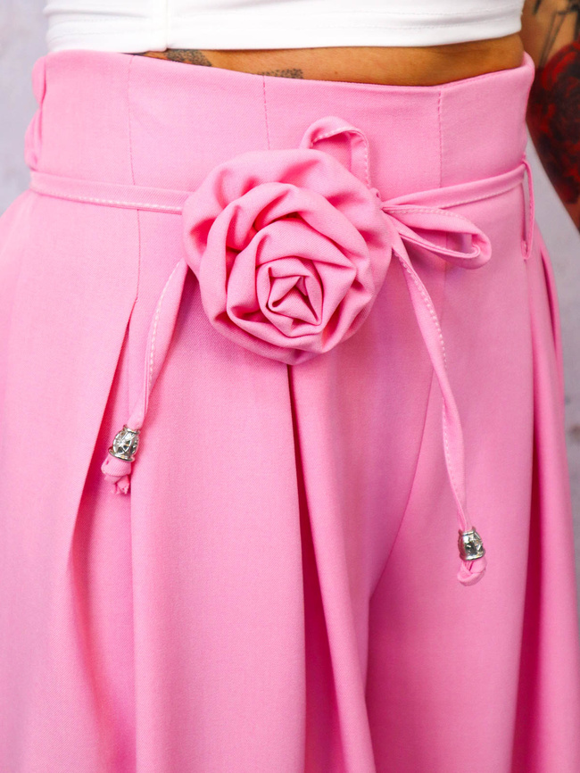 SPODNIE MATERIAŁOWE Z SZEROKIMI NOGAWKAMI I WIĄZANIEM W PASIE- RÓŻOWY