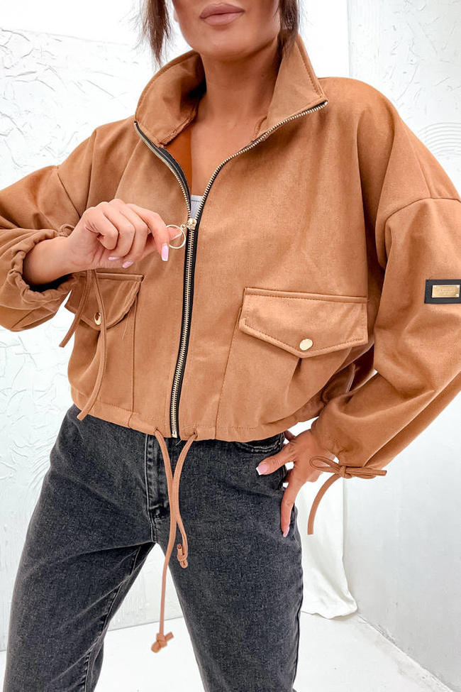 KURTKA ZAMSZOWA OVERSIZE Z KIESZENIAMI- BRĄZOWA