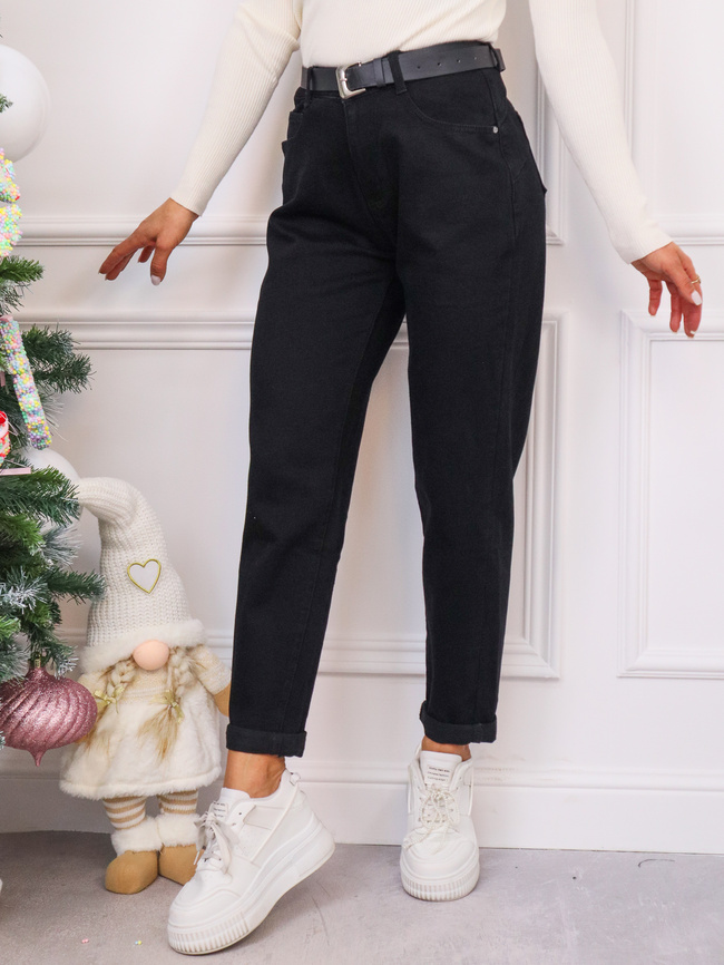 SPODNIE JENASOWE PLUS SIZE MOM FIT + PASEK- CZARNE