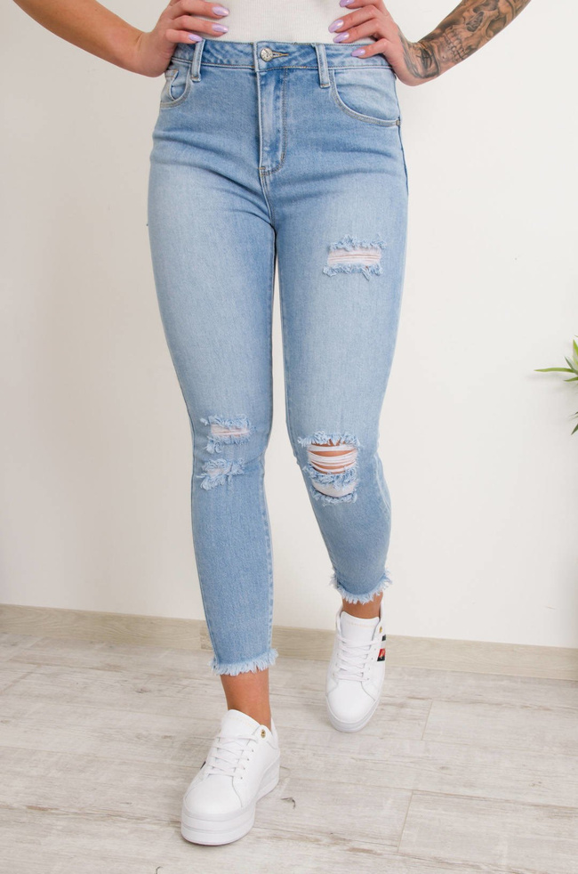 JASNE SPODNIE JEANSOWE Z DZIURAMI PRZÓD TYŁ