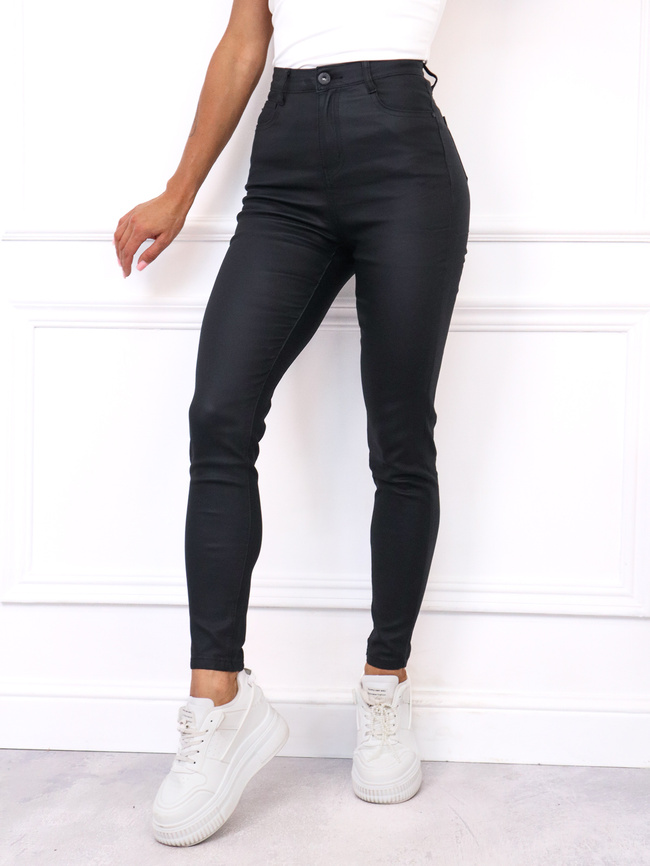 SPODNIE WOSKOWANE Z WYSOKIM STANEM- CZARNE