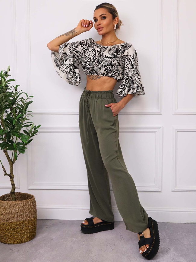 SPODNIE MATERIAŁOWE Z GUMĄ I WIĄZANIEM W PASIE- ZIELONE