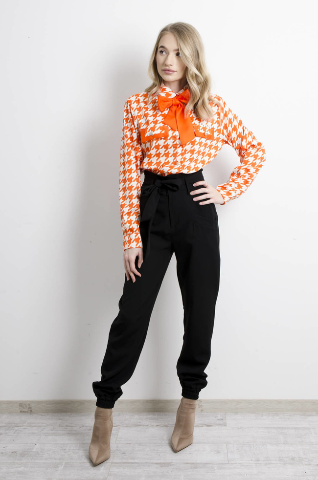 KOSZULA W PEPITKĘ Z WIĄZANIEM- POMARAŃCZOWA