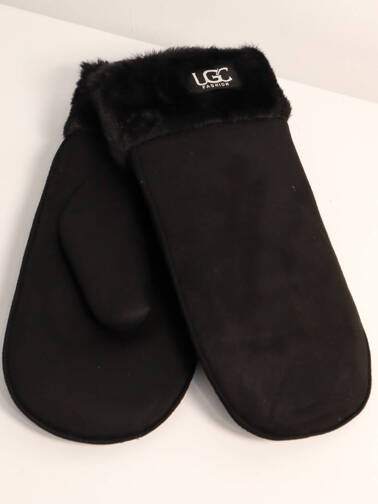 RĘKAWICZKI ZAMSZOWE Z FUTRZANYM ŚCIAGACZEM Z JEDNYM PALCEM Z LOGIEM LGC- CZARNE