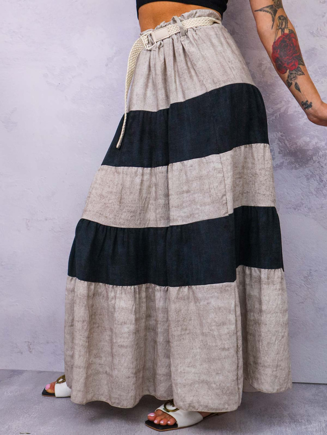 SPÓDNICA MAXI Z ŁĄCZONYCH MATERIAŁÓW+ PASEK- CZARNA