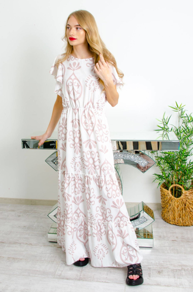DŁUGA BIAŁO-BEŻOWA SUKIENKA MAXI