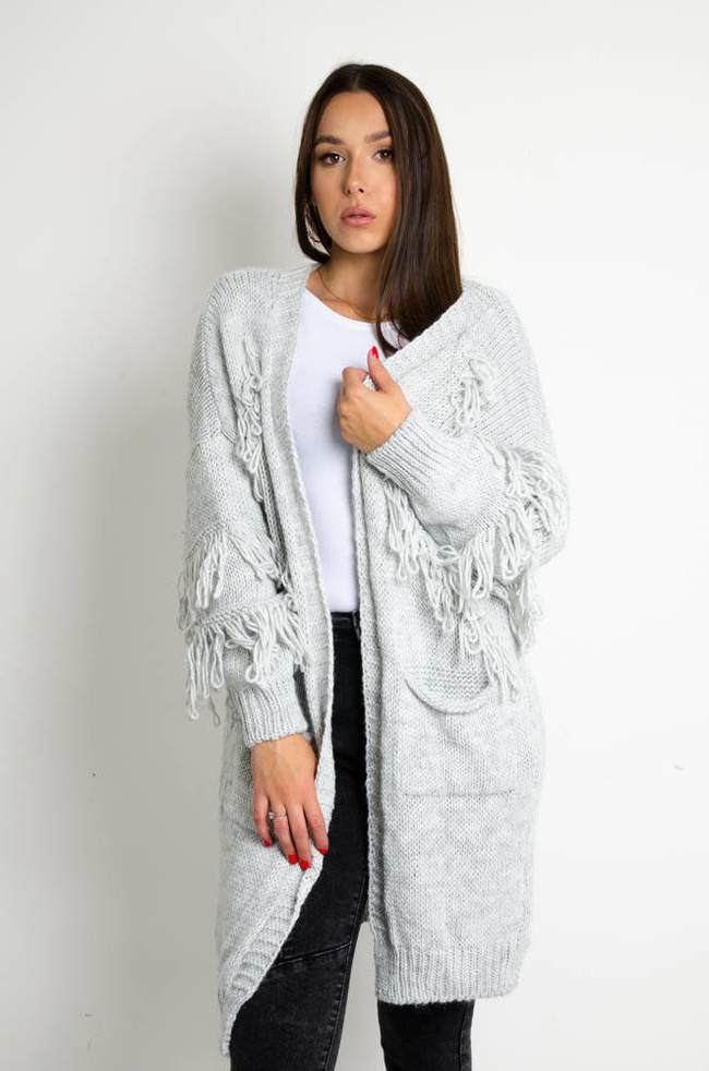 SZARY SWETER KARDIGAN Z FRĘDZLAMI