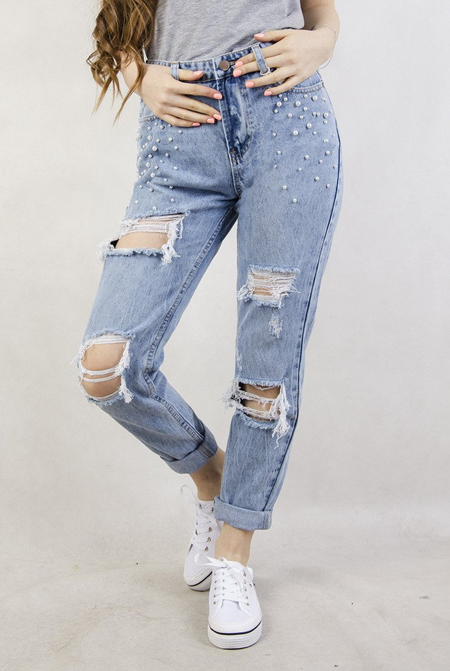 Spodnie jeansowe typu boyfriend z perełkami