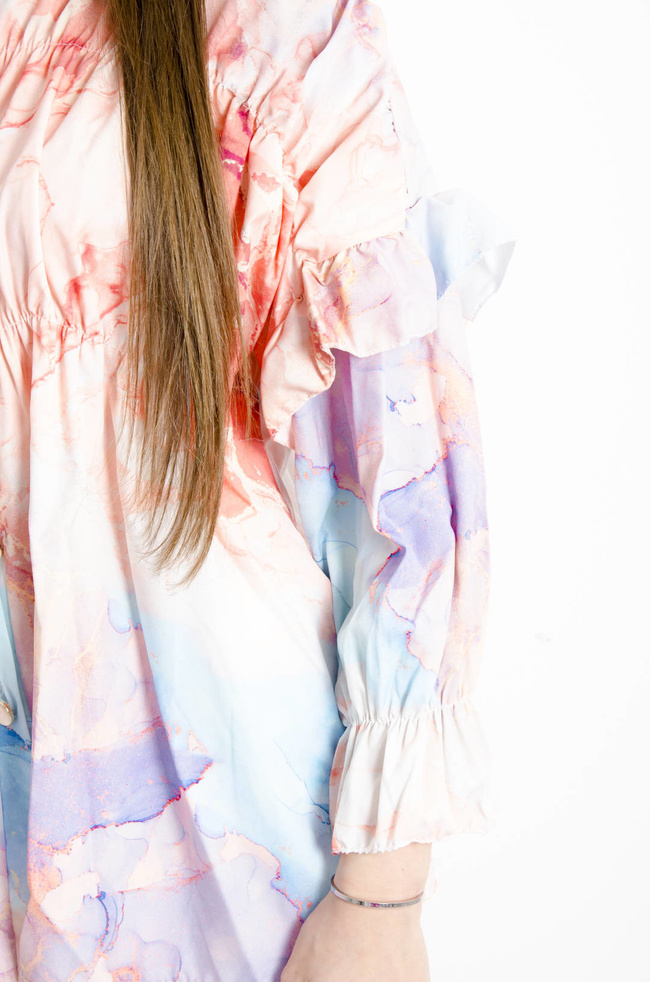 KOSZULA  MARMURKOWA Z FALBANAMI NA RĘKAWACH - POMARAŃCZOWA