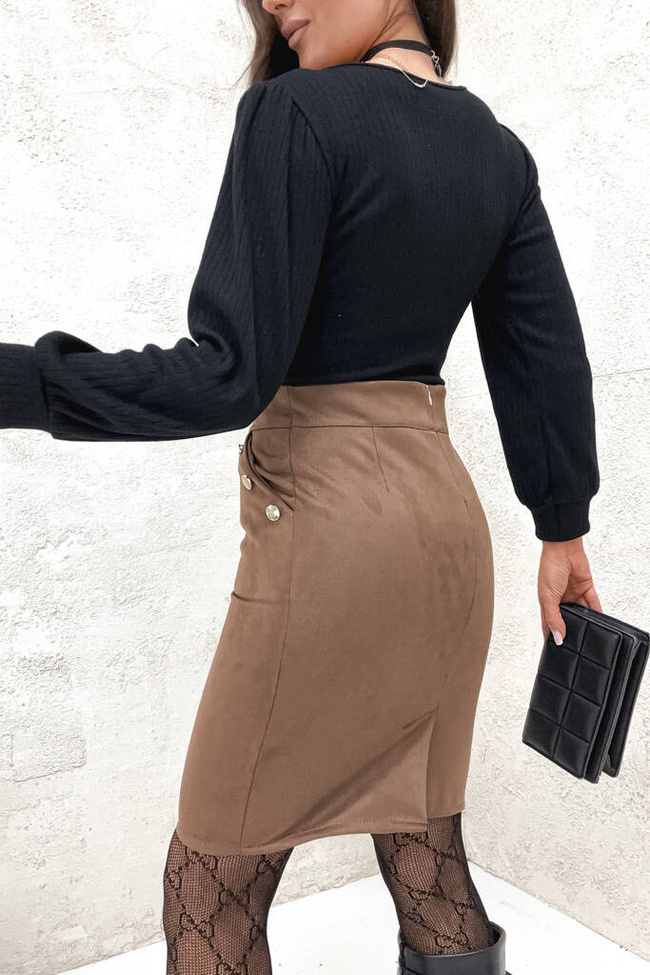 ZAWSZOWA SPÓDNICA MINI Z OZDOBNYMI GUZIKAMI- BRĄZOWA