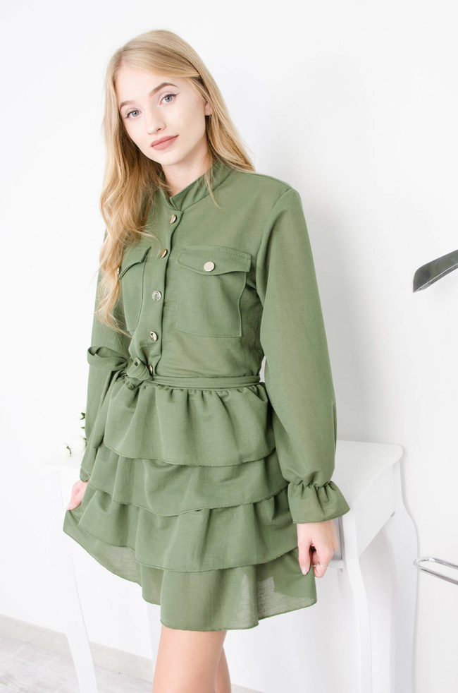 ZIELONA SUKIENKA KOSZULOWA Z FALBANAMI