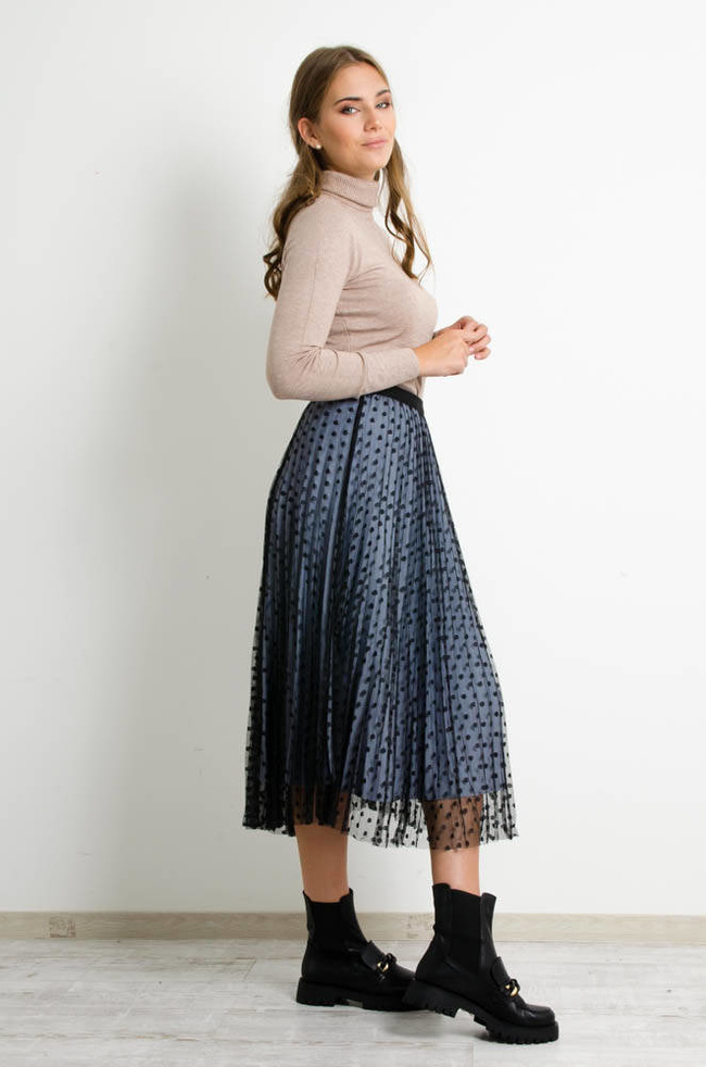 SZARA PLISOWANA SPÓDNICA MIDI Z TIULU W CZARNE KROPKI-DWUSTRONNA