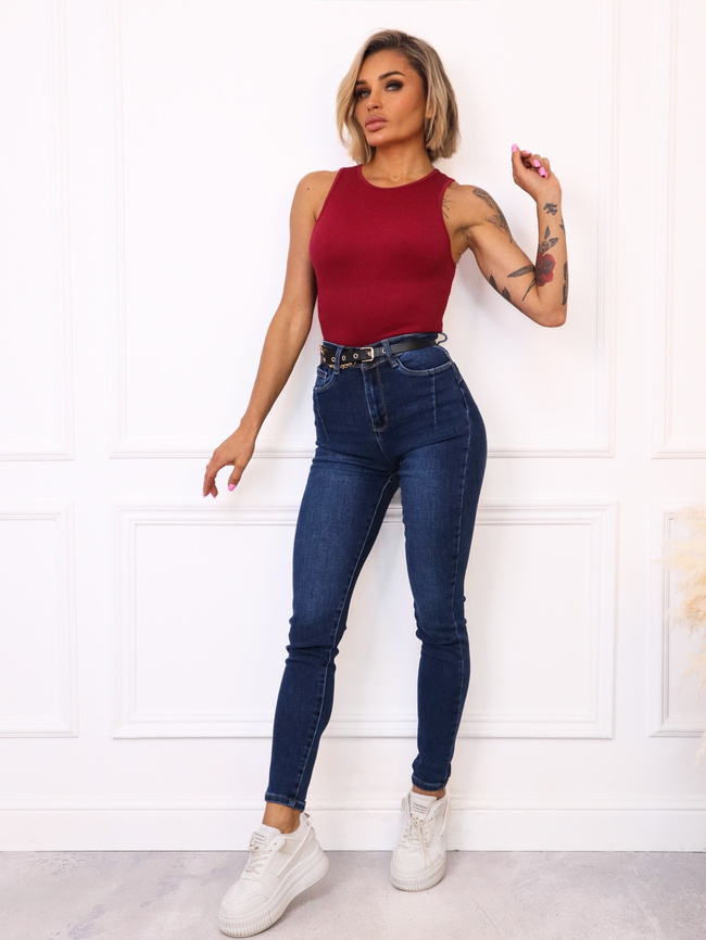 SPODNIE JEANSOWE SKINNY Z PRZESZYCIAMI PRZY KIESZENI + PASEK - GRANATOWE