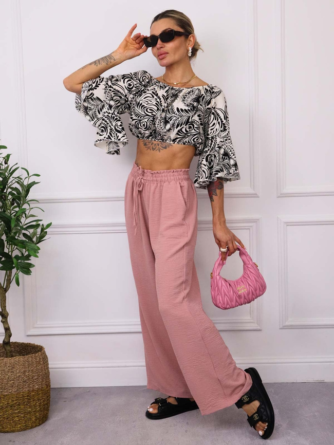 SPODNIE MUŚLINOWE Z WIĄZANIEM I GUMĄ W PASIE- BRUDNY RÓŻ