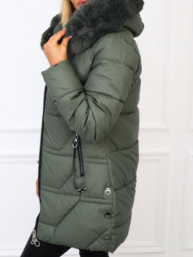 KURTKA PIKOWANA Z FUTERKIEM NA KAPTURZE- ZIELONA
