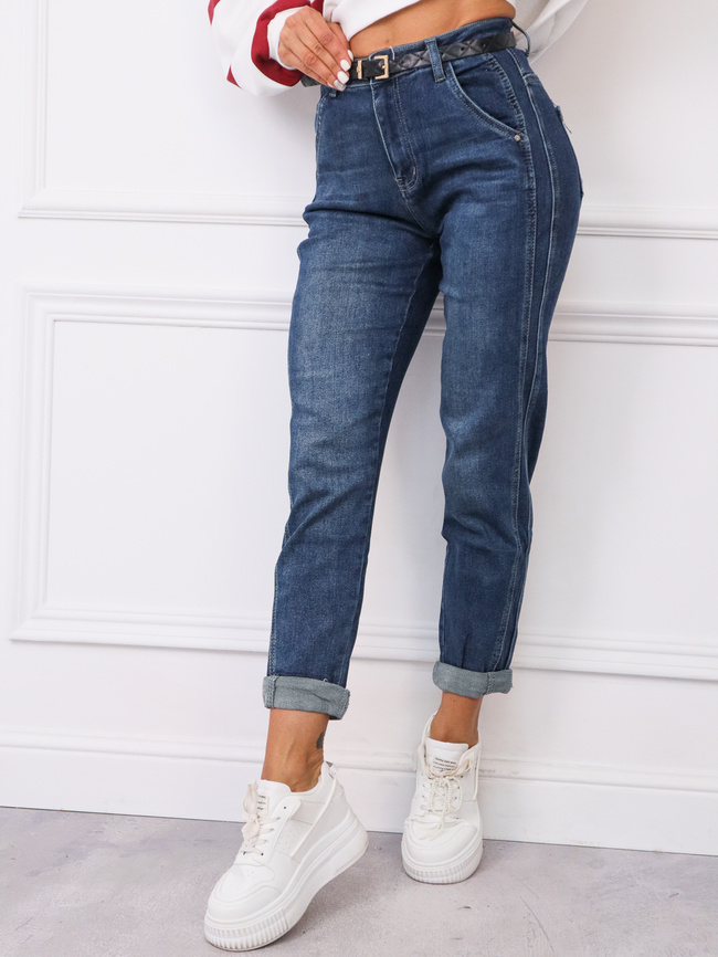 SPODNIE JEANSOWE Z PRZESZYCIAMI I WYSOKIM STANEM- GRANATOWE