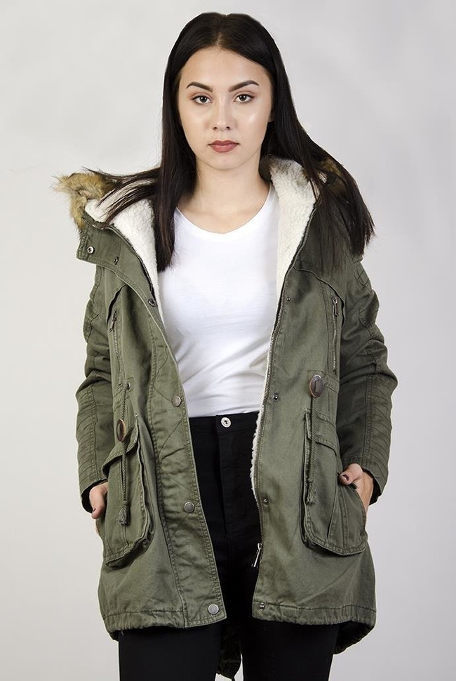 Khaki kurtka parka ocieplana z kapturem