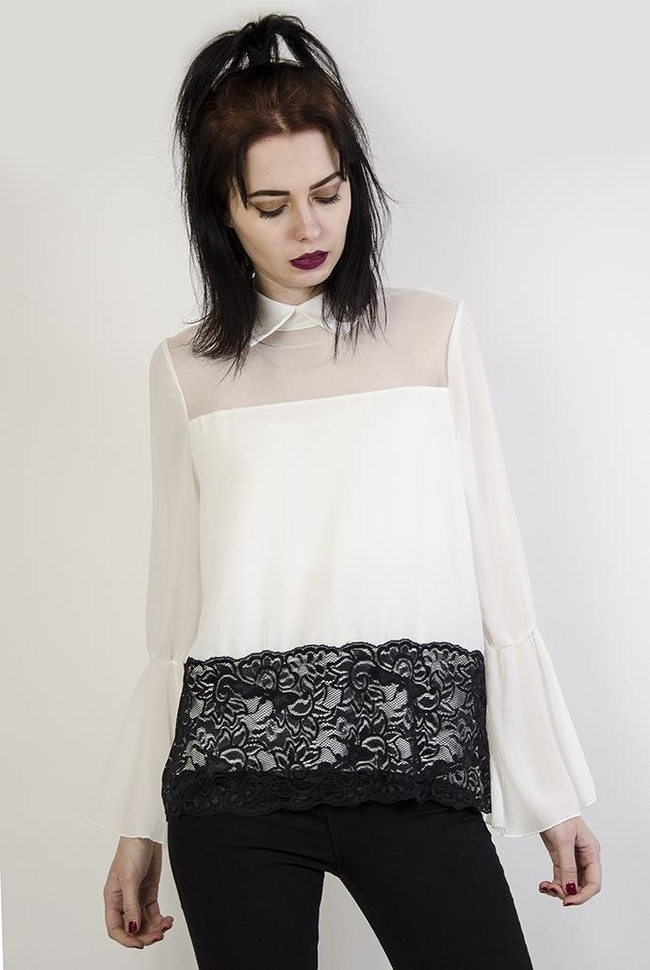 Biała bluzka koszulowa z kołnierzykiem i koronkowym dołem