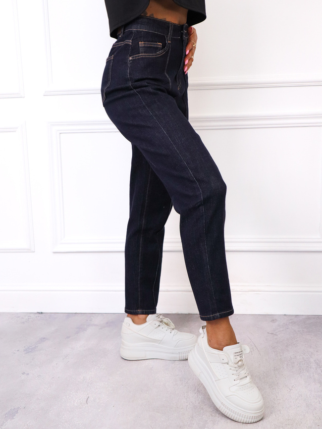 SPODNIE JEANSOWE MOM FIT Z PRZESZYCIAMI Z PRZODU NOGAWEK- GRANATOWE