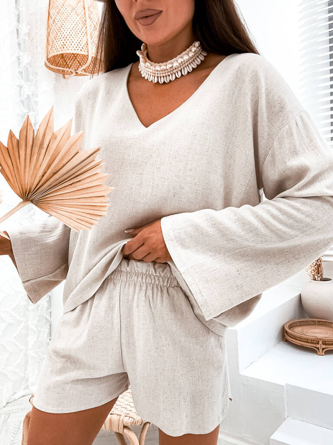 KOMPLET LNIANY SZORTY+ BLUZKA- BEŻOWY