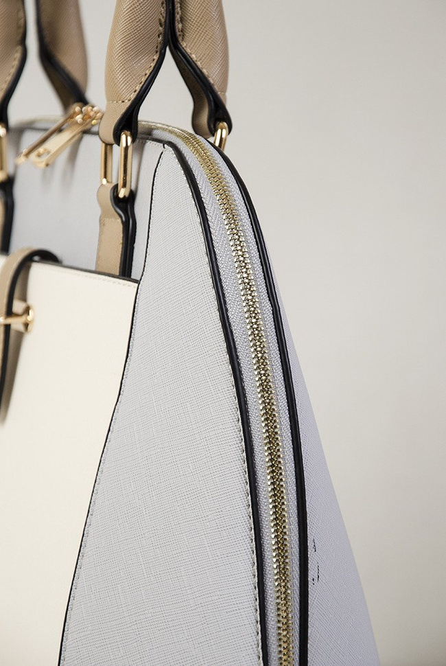 Torebka szaro beżowa z brązową rączką typu shopper