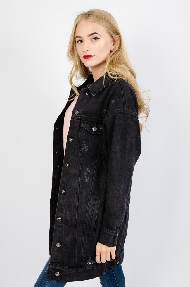Długa czarna kurtka jeansowa z przetarciami