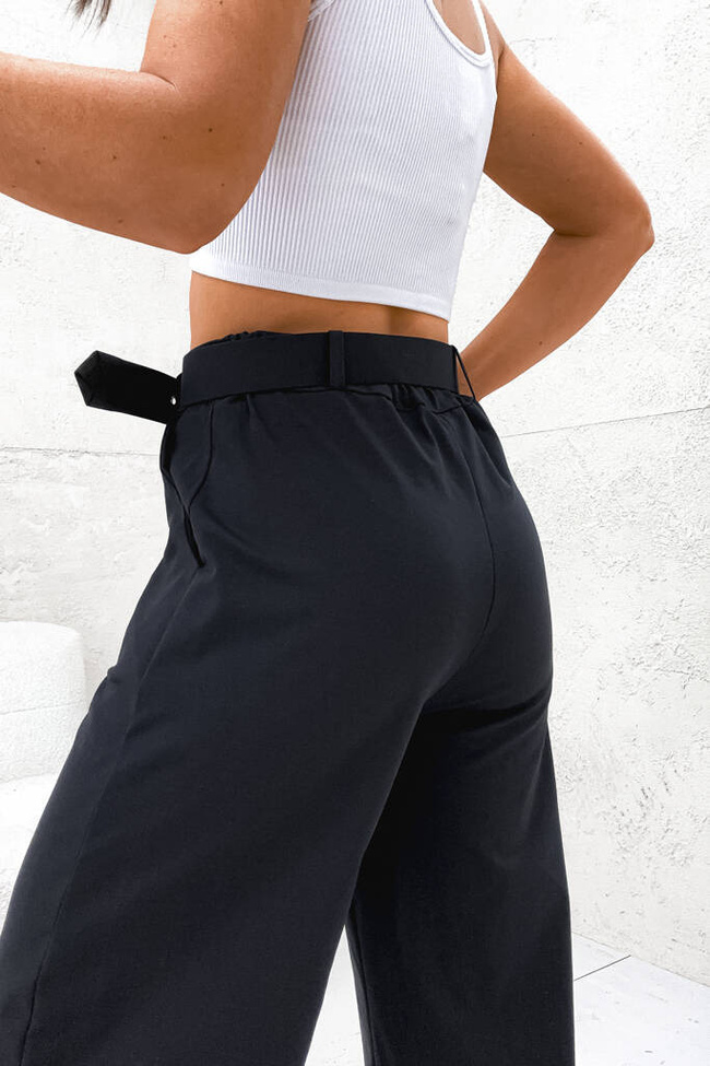 SPODNIE BAWEŁNIANE ONESIZE Z SZEROKĄ NOGAWKĄ I PASKIEM- CZARNE