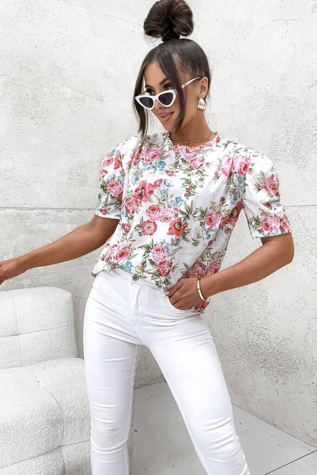 BLUZKA ONE SIZE W KWIATY I RĘKAWY BUFKI- BIAŁA