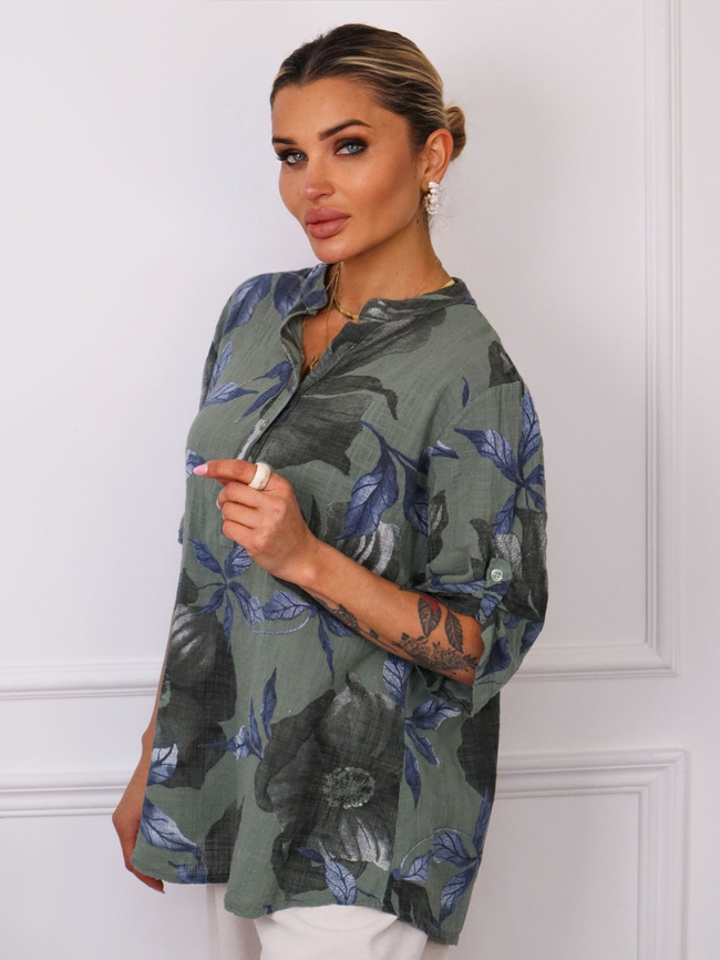 KOSZULA WZORZYSTA Z LNEM- ZIELONA