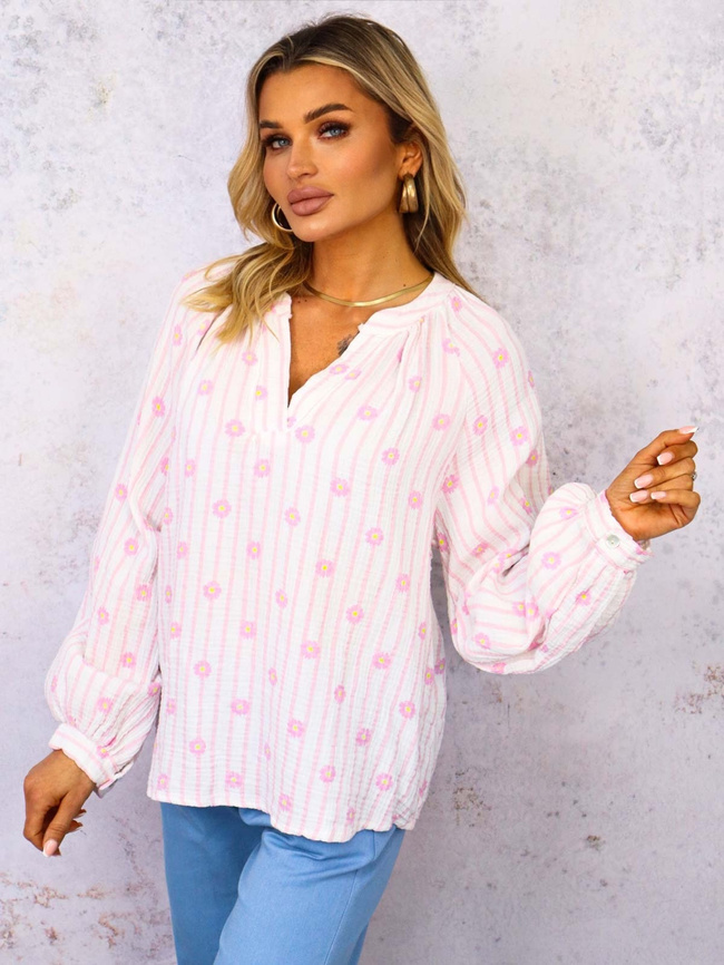 BLUZKA KOSZULOWA W PASKI I KWIATKI- JASNORÓŻOWA