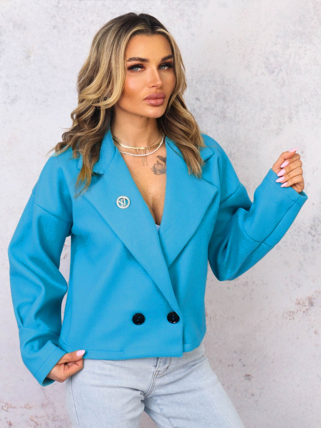 KRÓTKI PŁASZCZ Z KOŁNIERZEM I OZDOBNĄ BROSZKĄ- NIEBIESKI