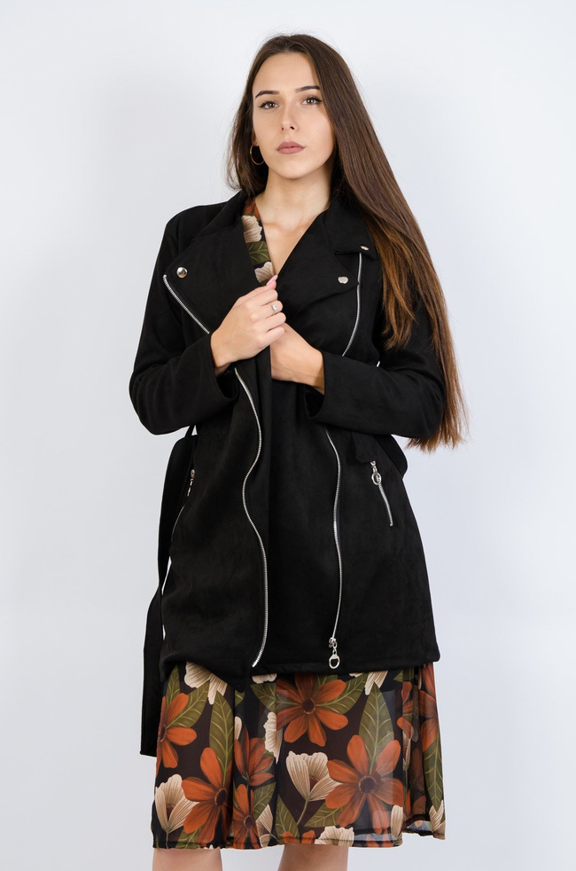 Czarny płaszcz z imitacji zamszu