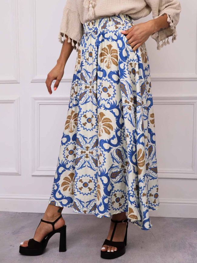 SPÓDNICA MAXI WZORZYSTA Z GUMĄ W PASIE- NIEBIESKA