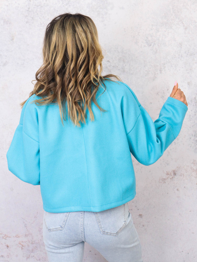 KRÓTKI PŁASZCZ Z KOŁNIERZEM I OZDOBNĄ BROSZKĄ- TURKUSOWY