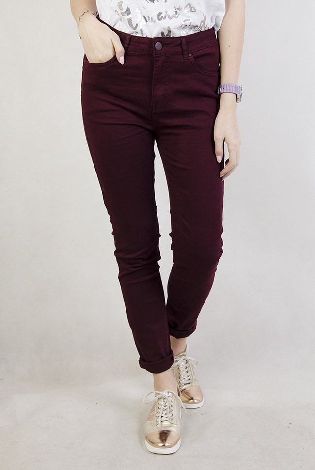 (Rozmiary L-4 XL) Bordowe przylegające spodnie z wysokim stanem