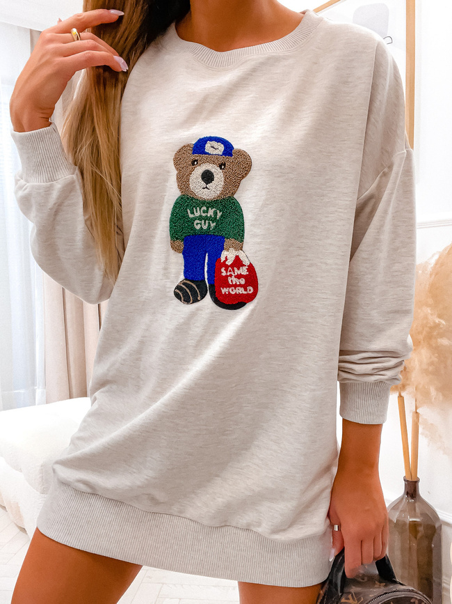 DŁUGA BLUZA TUNIKA Z MISIEM- BEŻOWA