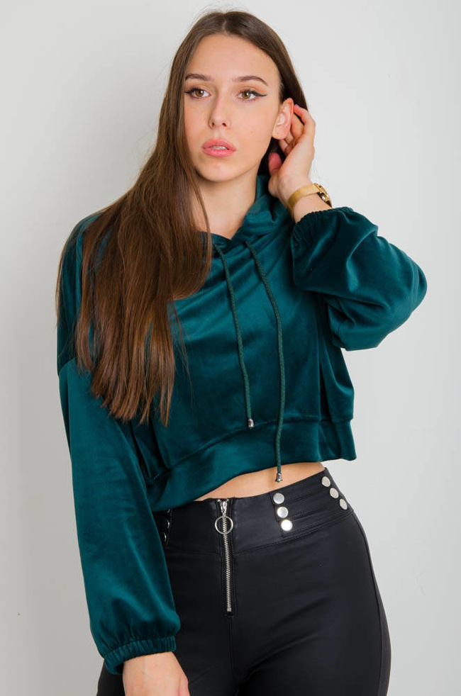 ZIELONA WELUROWA BLUZA Z KAPTUREM -LUŹNY KRÓJ