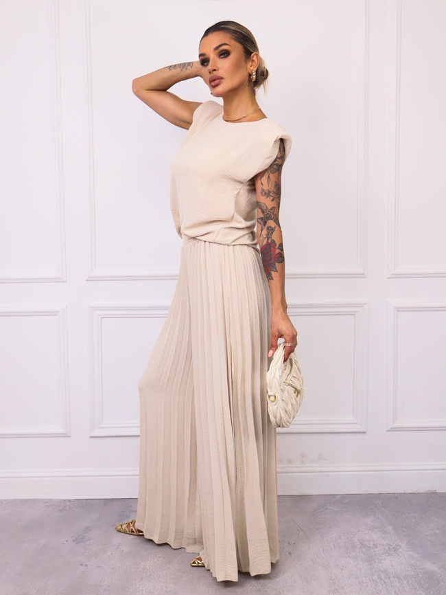 KOMPLET BLUZKA+ SZEROKIE PLISOWANE SPODNIE- BEŻOWY