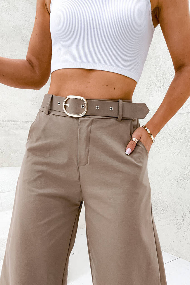 SPODNIE BAWEŁNIANE ONESIZE Z SZEROKĄ NOGAWKĄ I PASKIEM- BRĄZOWE