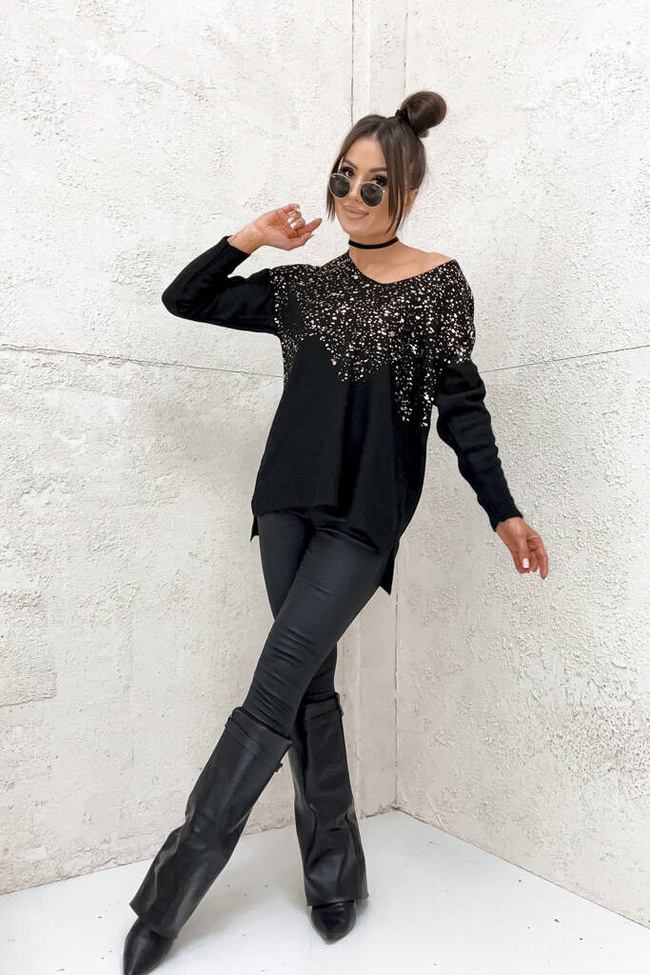 SWETER TUNIKA Z OZDOBNYM ZŁOTEM- CZARNY