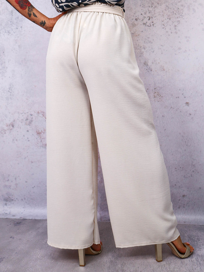 SPODNIE SZEROKIE Z GUMĄ I WIĄZANIEM W PASIE- BEŻOWE