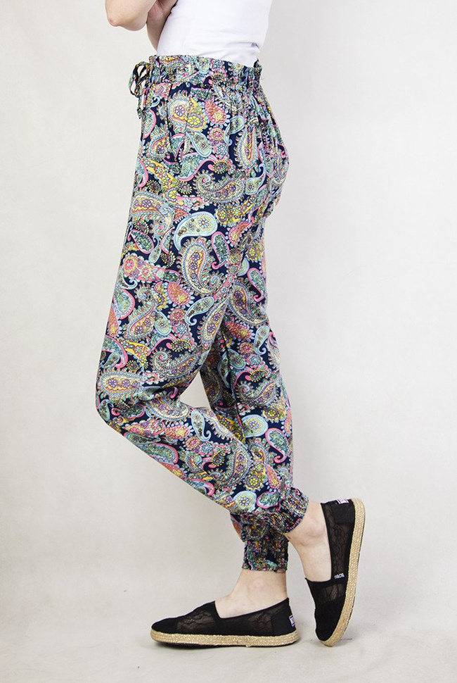 Wzorzyste spodnie alladynki niebiesko-granatowe