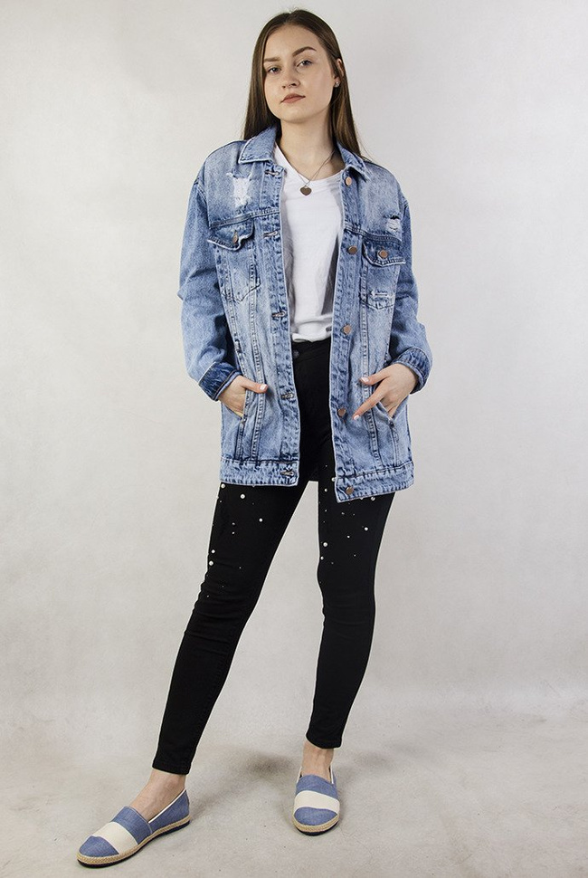 Kurtka jeansowa dłuższa z przetarciami