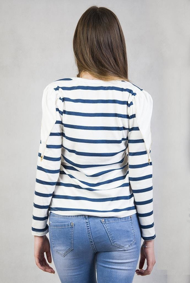 Biało-granatowa bluzka w paski  z czarnym serduszkiem w cekiny