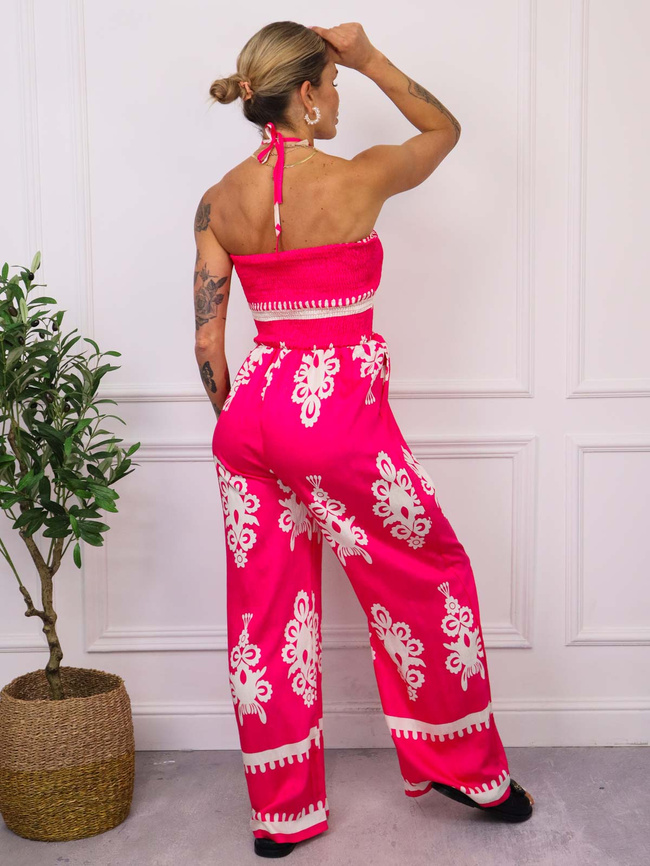 KOMBINEZON WZORZYSTY BEZ RAMIĄCZEK- FUKSJA